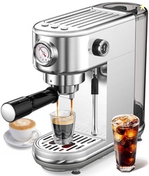 Espresso Machine with Milk Frother, 20 Bar High Pressure Professional Espresso Maker Automatic, Compact Stainless Steel Coffee Machine for Cappuccino, Latte, Gift for Coffee Lover, Dad or Mom, Silver