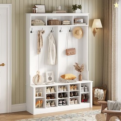 Wodeer Hall Tree with Bench and Shoe Storage, 53" Farmhouse 4-in-1 Mudroom Storage Organizer with Coat Rack, 6 Hooks, 12 Shoe Cubbies, Adjustable Shelf, for Entryway, Hallway, Living Room, White