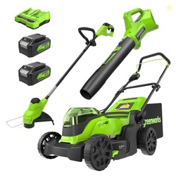 Greenworks 48V (24V x 2) 17" Brushless Mower+12" String Trimmer +320CFM Blower,(2) 4.0Ah Batteries and 2A Dual Port Charger