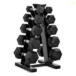 CAP BARBELL 150 LB RUBBER COATED HEX DUMBBELL HAND WEIGHT SET WITH VERTICAL STORAGE RACK - CHROME HANDLE | BLACK RACK