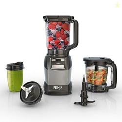 NINJA BLENDER, COMPACT KITCHEN SYSTEM, 1200W, 3 FUNCTIONS FOR SMOOTHIES, DOUGH & FROZEN DRINKS WITH AUTO-IQ, 72-OZ.* BLENDER PITCHER, 40-OZ. PROCESSOR BOWL & 18-OZ. SINGLE-SERVE CUP, GREY, AMZ493BRN