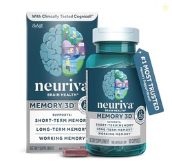 NEURIVA MEMORY 3D BRAIN SUPPLEMENT - DECAFFEINATED NOOTROPIC CAPSULES FOR MEMORY, FOCUS, & COGNITIVE FUNCTION - SHORT TERM, LONG TERM, & WORKING MEMORY SUPPORT - 50CT