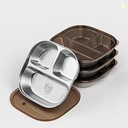 Snack Containers with Lids 4 Pack Stainless Steel Kids Plates,Stainless Steel Toddler Plate with Lids- Reusable Meal Prep Lunch Containers for Kids