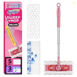 SWIFFER SWEEP AND MOP DELUXE, LIMITED EDITION PINK WICKED: FOR GOOD, 2-IN-1 FLOOR MOPPING AND SWEEPING KIT, 1 SWEEPER DEVICE, 5 HEAVY DUTY DRY SWEEPING CLOTHS, 3 HEAVY DUTY WET MOPPING CLOTHS
