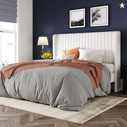 Allewie Queen Size Velvet Bed Frame/Vertical Channel Tufted Wingback Headboard/Upholstered Platform Bed/Strong Wooden Slats/No Box Spring Needed/Easy Assembly/White