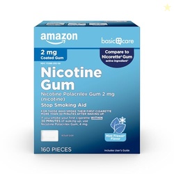 Amazon Basic Care Coated Nicotine Gum 2 mg, Ice Mint Flavor, Stop Smoking Aid, Relieves Nicotine Cravings to Help You Quit Smoking Cigarettes, 160 Count