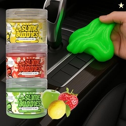Slime Buddies Cleaning Slime | (3 Pack) 1 Lemon, 1 Apple, 1 Strawberry Scented Car Cleaning Gel | Car Interior, Cup Holder, & Keyboard Detailing Tool | Reusable Putty for Loose Dust & Dirt
