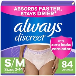 Always Discreet Adult Incontinence Underwear for Women and Postpartum Underwear, Small/Medium, Up to 100% Bladder Leak Protection, 84 Count (2 Packs of 42)
