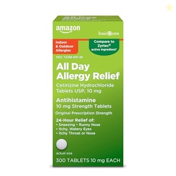 Amazon Basic Care 24 Hour Allergy Relief, Cetirizine Hydrochloride Tablets, 10 mg, 300 Count (Packaging may vary)