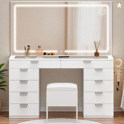DWVO Makeup Vanity with LED Mirror and Charging Ports, 10-Drawer Vanity Set with Glass Top, Hair Dryer Holder, 3 Adjustable Light Colors, and Hidden Storage Stool