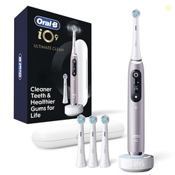 ORAL-B IO SERIES 9 LIMITED RECHARGEABLE ROSE QUARTZ ELECTRIC TOOTHBRUSH WITH (2) ULTIMATE CLEAN AND (1) GENTLE CARE REPLACEMENT BRUSH HEADS, WHITE, TRAVEL CASE-WHITE AND CHARGER