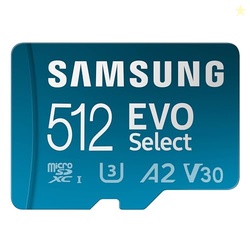 SAMSUNG EVO SELECT MICROSDMEMORY CARD + ADAPTER, 512GB MICROSDXC, UP-TO 160 MB/S, 4K UHD, UHS-I, C10, U3, V30, A2, FOR MOBILE PHONE, SMARTPHONES, NINTENDO-SWITCH, AND TABLETS (MB-ME512SA/AM)