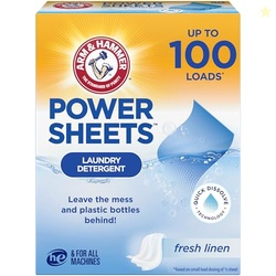 ARM & HAMMER POWER SHEETS LAUNDRY DETERGENT, FRESH LINEN 50CT, UP TO 100 SMALL LOADS (PACKAGING MAY VARY)