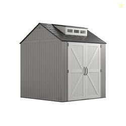 Rubbermaid Resin Outdoor Storage Shed With Floor (7 x 7 Ft) Weather Resistant Gray Organization for Home/Backyard/Garden Tools/Lawn Mower/Bike Storage/Pool Supplies