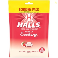 HALLS Throat Soothing (Previously HALLS Breezers) Creamy Strawberry Throat Drops, Economy Pack, 70 Drops