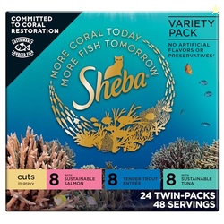 SHEBA PERFECT PORTIONS WET CAT FOOD CUTS IN GRAVY, WITH SUSTAINABLE SALMON, TENDER TROUT ENTREE, AND WITH SUSTAINABLE TUNA, 2.6 OZ. TWIN-PACK TRAYS (24 COUNT, 48 SERVINGS)