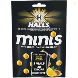 HALLS MINIS HONEY LEMON FLAVOR SUGAR FREE COUGH DROPS, 48 DROPS