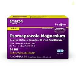 AMAZON BASIC CARE ESOMEPRAZOLE MAGNESIUM DELAYED RELEASE CAPSULES, 20 MG, ACID REDUCER, HEARTBURN MEDICINE, 42 COUNT