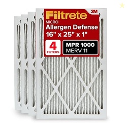FILTRETE 16X25X1 AC FURNACE AIR FILTER, MERV 11, MPR 1000, MICRO ALLERGEN DEFENSE, 3-MONTH PLEATED 1-INCH ELECTROSTATIC AIR CLEANING FILTER, 4 PACK (ACTUAL SIZE 15.69 X 24.69 X 0.81 IN)