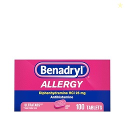 BENADRYL ULTRATABS ALLERGY MEDICINE, 25 MG DIPHENHYDRAMINE HCL ANTIHISTAMINE TABLETS FOR COLD & ALLERGY RELIEF OF SYMPTOMS LIKE SNEEZING, RUNNY NOSE, ITCHY EYES & THROAT, HAY FEVER, 100 COUNT TABLETS