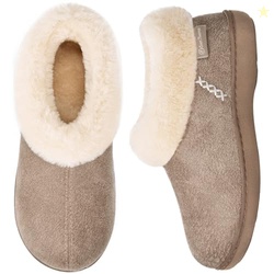 EverFoams Women's Microsuede Cozy Memory Foam Winter Slippers with Fuzzy Faux Fur Collar and Indoor Outdoor Rubber Sole (Taupe, Size 7-8 M US)