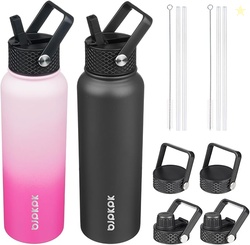 BJPKPK 2 PACK INSULATED WATER BOTTLES WITH STRAW AND 6 LIDS