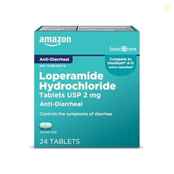 Amazon Basic Care Loperamide Hydrochloride Tablets, 2 mg, Anti-Diarrheal, 24 Count (Pack of 1) (Packaging may vary)