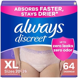 ALWAYS DISCREET ADULT INCONTINENCE UNDERWEAR FOR WOMEN AND POSTPARTUM UNDERWEAR, EXTRA LARGE, UP TO 100% BLADDER LEAK PROTECTION, 64 COUNT (2 PACKS OF 32)