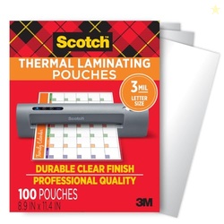 SCOTCH THERMAL LAMINATING POUCHES, FOR USE WITH THERMAL LAMINATORS, 8.9 X 11.4 INCHES, LETTER SIZE SHEETS, 100-PACK