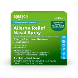 AMAZON BASIC CARE 24-HOUR ALLERGY RELIEF NASAL SPRAY, FLUTICASONE PROPIONATE (GLUCOCORTICOID) 50 MCG, FULL PRESCRIPTION STRENGTH, NON-DROWSY, 0.62 FL OZ (PACK OF 3)