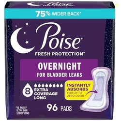 Poise Overnight Incontinence & Postpartum Pads for Bladder Leaks, 8 Drop Extra Coverage, 96 Count, Packaging May Vary