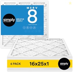 Simply 16x25x1 Air Filter, MERV 8, 6 Pack, For Home AC Furnace & HVAC (Actual Size: 15.75"x24.75"x0.75") DUST, Pet, & Allergy Control