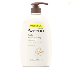 Aveeno Daily Moisturizing Body Wash for Women and Men for Dry & Sensitive Skin, Paraben, Soap & Dye-Free, Gentle Shower Cleanser, Dermatologist Recommended Brand, Lightly Scented, 33 Fl Oz