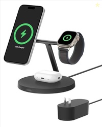 BELKIN MAGSAFE-COMPATIBLE CHARGER, 3-IN-1 WIRELESS CHARGING STATION, QI2-CERTIFIED 15W WIRELESS CHARGE FOR APPLE IPHONE 17 SERIES, APPLE WATCH, AIRPODS W/NON-SLIP BASE, 40W INCLUDED - BLACK