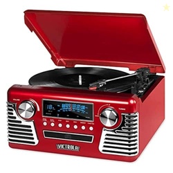 Victrola Haley Retro Bluetooth Record Player & Multimedia Center with Built-in Speakers - 3-Speed Turntable, CD Player, AM/FM Radio, 3.5mm Aux-In, Wireless Music Streaming, Red