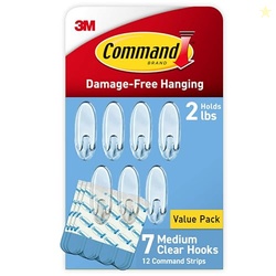 COMMAND MEDIUM CLEAR WALL HOOKS, 7 WALL HOOKS AND 12 COMMAND STRIPS, DAMAGE-FREE HANGING WITH ADHESIVE, GREAT FOR HANGING BACK TO CHRISTMAS DECORATIONS, HOLDS UP TO 2 LB