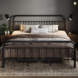 ALLEWIE KING SIZE METAL PLATFORM BED FRAME WITH VICTORIAN STYLE WROUGHT IRON-ART HEADBOARD/FOOTBOARD, NO BOX SPRING REQUIRED, BLACK