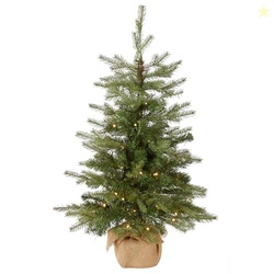 NATIONAL TREE COMPANY 3 FT PRE-LIT NORDIC SPRUCE MINI ARTIFICIAL CHRISTMAS TREE, BURLAP BASE, RED BOW, 50 CLEAR LED LIGHTS, 363 TIPS, TIMER, GREEN