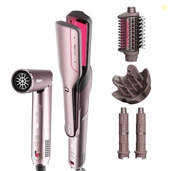 Shark FlexFusion Hair Straightener & Powerful Dryer with Diffuser, Fusion Hair Brush, Ceramic Air Styler with Auto-Wrap Curlers, Ceramic Plates, Cosmic Blush HD642S