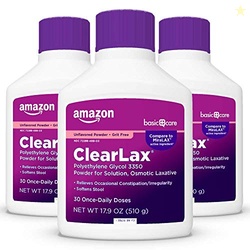 AMAZON BASIC CARE CLEARLAX, POLYETHYLENE GLYCOL 3350 POWDER FOR SOLUTION, OSMOTIC LAXATIVE, UNFLAVORED, 1.11 POUND (PACK OF 3)