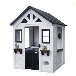 Backyard Discovery Sweetwater White Cedar Wooden Kids Playhouse Cottage with Play Kitchen, Snack Bar, Half Door, Toy Phone, Windows, Flowerpot Holders, Working Doorbell for Outdoor Imaginative Play