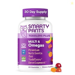 SmartyPants Toddler Multivitamin Gummies - Improved Formula: Omega 3 (DHA/EPA), Vitamins D3, C, Vitamin B12, B6, A, K & Zinc, Biotin, Gluten Free, Three Fruit Flavors, 60 Count (30 Day Supply)