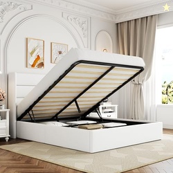 ALLEWIE FULL SIZE VELVET LIFT UP STORAGE BED, MODERN WINGBACK HEADBOARD, HYDRAULIC SUPPORT, NO BOX SPRING NEEDED, WHITE