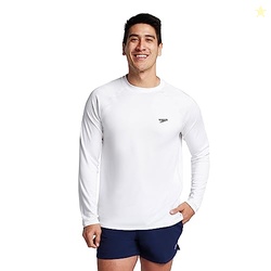 Speedo Men's UV Swim Shirt Long Sleeve Loose Fit Easy Tee White Large