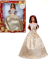 BARBIE SIGNATURE 2025 HOLIDAY DARK BROWN HAIR FASHION DOLL WEARING SILVER & GOLD GOWN, SEASONAL COLLECTOR IN DISPLAYABLE PACKAGING & STAND