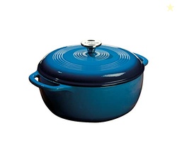 LODGE 6 QUART ENAMELED CAST IRON DUTCH OVEN WITH LID  DUAL HANDLES  OVEN SAFE UP TO 500 F OR ON STOVETOP - USE TO MARINATE, COOK, BAKE, REFRIGERATE AND SERVE  BLUE