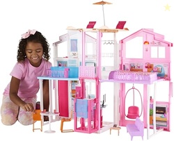 Barbie 3-Story Townhouse Dollhouse with Elevator, Swing Chair, Furniture and Accessories, Fold for Portability and Travel (Amazon Exclusive)