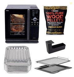 GE PROFILE SMART INDOOR PELLET SMOKER + ACCESSORIES BUNDLE, INCLUDES FOUR 1LB BAG OF PELLETS, PELLET STRAINER, 20-PACK OF DRIP PAN LINERS, AND PREP TRAY