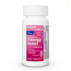 AMAZON BASIC CARE COMPLETE ALLERGY RELIEF, DIPHENHYDRAMINE HCL 25 MG, RELIEVES SYMPTOMS, ANTIHISTAMINE TABLETS, 400 COUNT