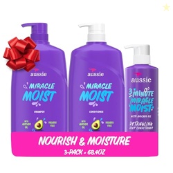 AUSSIE MIRACLE MOIST SHAMPOO AND CONDITIONER WITH 3 MINUTE MIRACLE DEEP CONDITIONER, AVOCADO & JOJOBA OIL, PARABEN-FREE, MOISTURIZES & DETANGLES, ALL HAIR TYPES, CITRUS FLORAL SCENT, 3 PACK 68.4 FL OZ